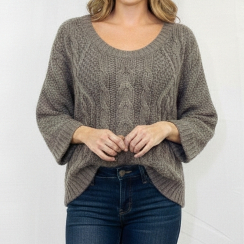 360 Sweater Size Small Merino‎ Wool Alpaca Blend Taupe Tan Brown Cable Knit